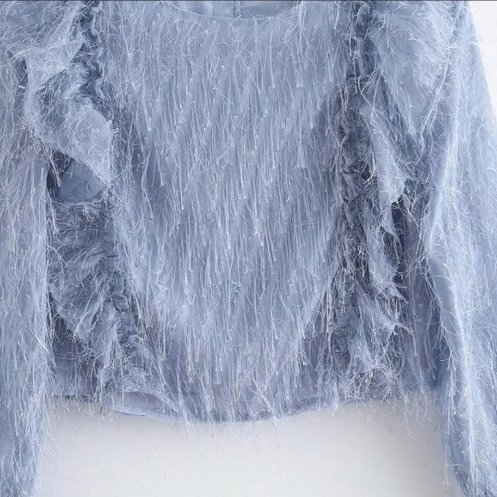 Zara Pale Blue Fringe Feather Ruffle Blouse With Sequins Top size Size Large